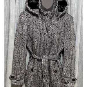 Nicole Miller New York Womens Snap-Zip Lined Tweed Jacket Removable Hood Belted